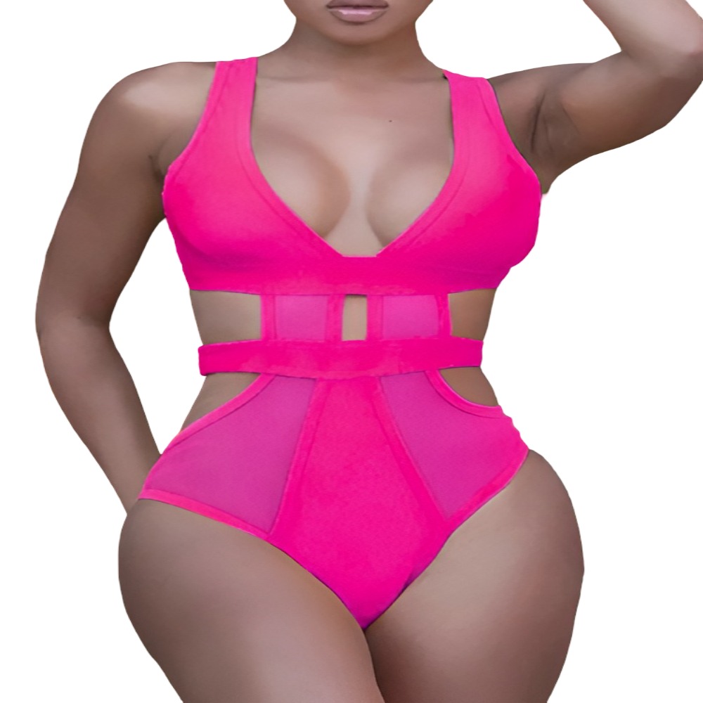 X Traje de baño rosado de una pieza con aberturas y transparencias