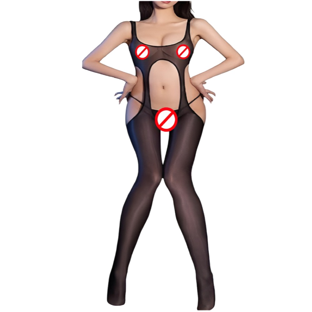 X Bodystocking negro brillante descubierto con liguero en una sola pieza